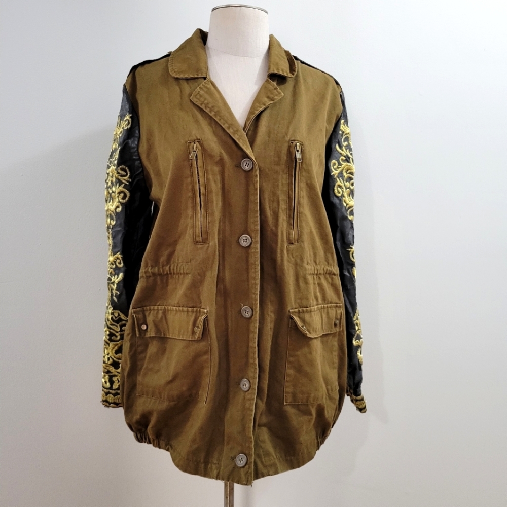 Vera & Lucy Green Miltary Army Jacket with Gold Brocade Embroidered Sleeves  L